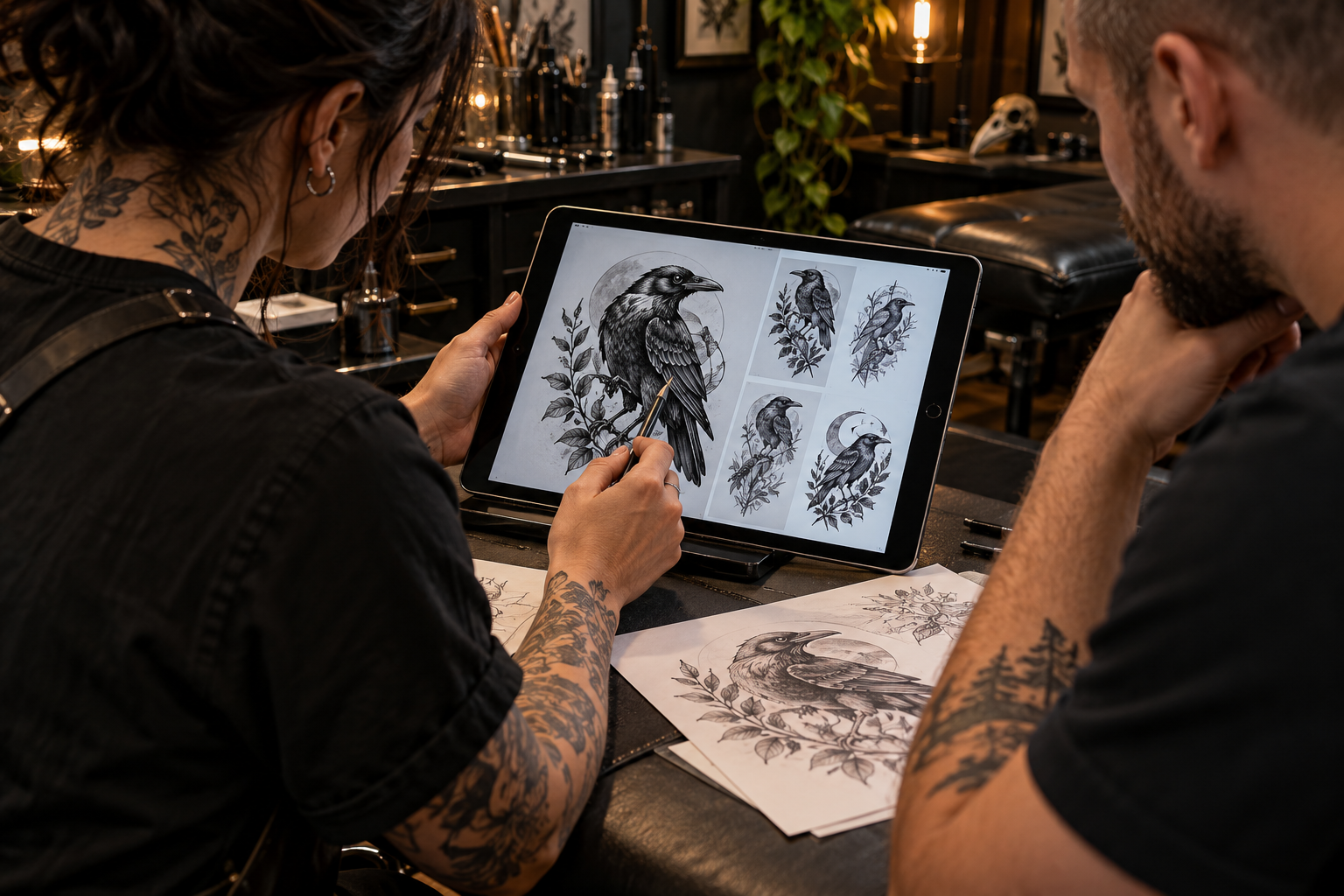 Tatuerare och kund granskar olika korpmotiv på en surfplatta inför en tatuering.